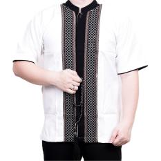 Ormano Baju Koko Muslim Batik Bordir Lengan Pendek Lebaran Hari Raya Pengajian ZO17 KK97 Kemeja Fashion Pria Corak Masa Kini Modern Size L - Putih