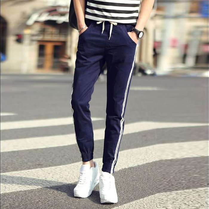 Outdoor Jogging Pants Ukuran Besar Pria Bergaris Beam Kaki Celana Korea Celana NAVY