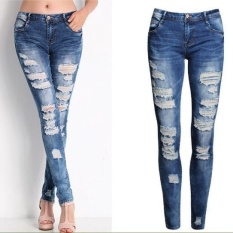 Outlet Celana Pensil Regang jeans Lubang Di Biru-Intl