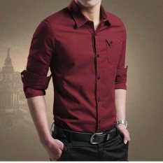 Pakaian pria kemeja slim fit warna maroon