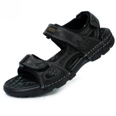 Pramuka Pria Kulit Sandal Datar And Sporty Perekatnya Sandal Sepatu (Hitam)