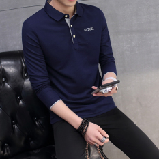 Paul Pria Lengan Panjang Kerah Turndown Ramping Kemeja Polo Kaos (Biru Tua Kerah Abu-abu)