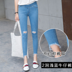 CICADA POWDER Celana Capri Model Pensil Wanita Jeans Berlubang (Dua dari lubang biru muda) baju wanita celana wanita