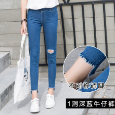 CICADA POWDER Celana Capri Model Pensil Wanita Jeans Berlubang (Sebuah lubang biru tua)