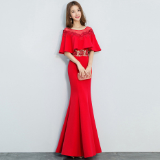 Wanita Baru Gaun Pengantin Mermaid Ramping Merah Gaun Malam Baju Pelayanan (Merah Cina)