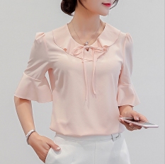 Perempuan Lengan Pendek Lengan Terompet Daun Teratai Kerah Sweater On Tanpa Kancing Atasan Jersey Rayon Kemeja (Merah Muda) baju Wanita Baju Atasan Kemeja Wanita Blus Wanita