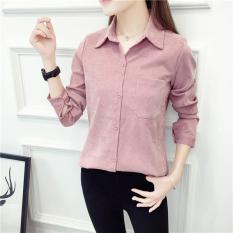 Pink New Arrival Korea Slim Womens Commuter Blusa Corduroy Kemeja Solid Warna Kemeja Lengan Panjang Blus Wanita Karier PLUS Tops-Intl