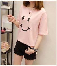 Pink T-shirt Wanita Tersenyum Wajah Cetak Summer Wanita Fashion Tops Ladies Tee Kemeja Lengan Pendek Kasual Tops Tees- INTL