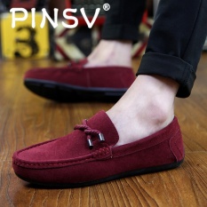 PINSV Pria Slip-ons Pantofel Fashion Sapi Suede Kulit Sepatu Merah