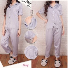 Piyama Basic Satin Grey Baju Tidur Celana Panjang Satin Silky Velvet