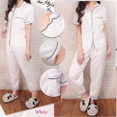 Piyama Basic Satin Putih Baju Tidur Celana Panjang Satin Silky Velvet