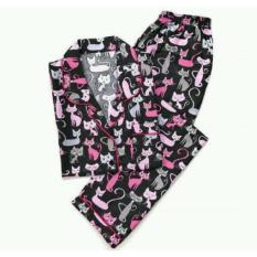 piyama wanita bahan katun jepang fit to L motif cat black