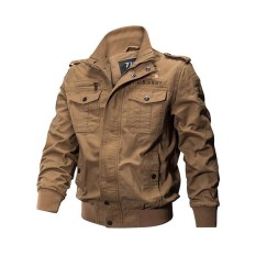 Plus Ukuran Militer Kantong Kerah Turn Down Katun Warna Solid Solid Dicuci Jaket untuk Pria Khaki-Intl