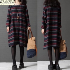 Plus Ukuran S-5XL zanzea Terbaru Fashion Women Round Neck Panjang Lengan Kasual Longgar Retro Striped Splice Panjang Shirt Dress (merah) -Intl