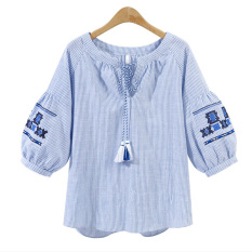 Baju Ukuran Besar Longgar Suchao (Biru bergaris) (Biru bergaris)