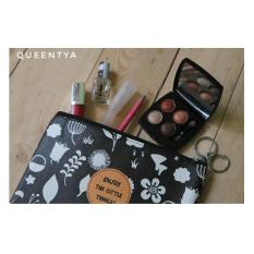 Pouch Wanita / Dompet Make Up Cewek / Kantong Handphone (HP) / Serbaguna - Hitam - Motif Daun Putih