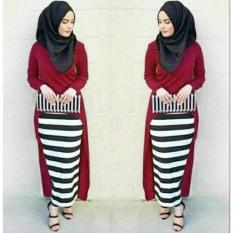 Promo Hijab Monika Jersey Stripe Set 3In1 Maroon Termurah
