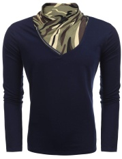 Promosi Mens Syal Leher Lengan Panjang Kain Perca Lepas Kaos Atasan (Biru)-Intl