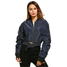 Promosi Sunwonder Wanita Fashion Retro Panjang Lengan Pendek Resleting Solid Jaket Bomber Biker-Intl