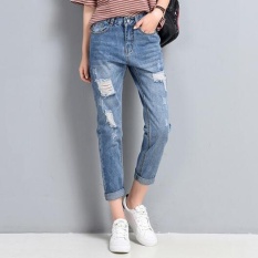 Puding Eropa dan Amerika High Waisted Lubang Di jeans Wanita Celana Biru-Intl