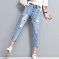 Puding Eropa dan Amerika High Waisted Lubang Di jeans Wanita Celana Biru Muda-Internasional