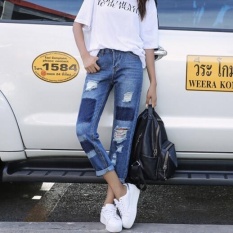 Puding High Waisted Lubang Di jeans Biru-Intl