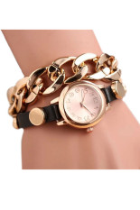 Punk Wanita Emas Dial Kulit Rantai Bungkus Analog QUARTZ Wrist Watch Gelang Hitam Jam Tangan