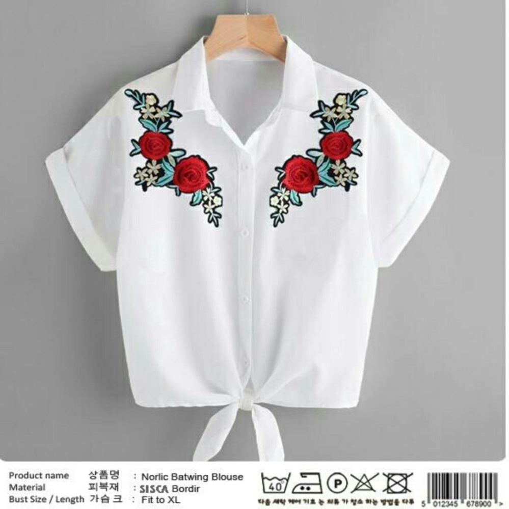 PusatFashion Blouse Women Motif Flower Bordier - White