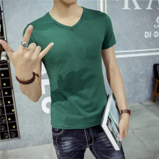 T-shirt Musim Panas Putih Baju Dalaman Warna Solid Leher Bulat (V-neck berwarna hijau gelap lengan pendek)