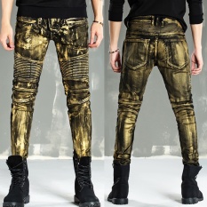 QHEO Merek 2017 Fashion Jeans Men's Denim Celana High-end Brush Lapisan Cat Golden Lokomotif Jeans-Perunggu -Intl