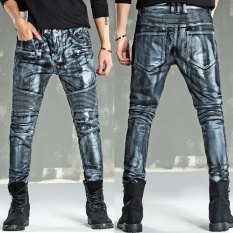 QHEO Merek 2017 Fashion Jeans Men's Denim Celana High-end Brush Lapisan Cat Golden Lokomotif Jeans-Silver -Intl