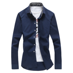 Kemeja Pria Warna Polos Putih Lengan Panjang Membentuk Tubuh Santai Versi Korea (Biru tua) baju atasan kaos pria kemeja pria