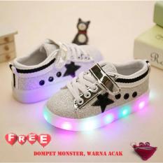 Quincybaby Sepatu Anak Keren Star Glitter Dengan Lampu LED - Black (Free Pouch Monster)
