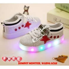 Quincybaby Sepatu Anak Keren Star Glitter Dengan Lampu LED - Red (Free Pouch Monster)