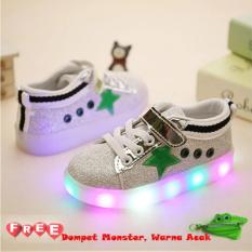QuincyBaby Sepatu Anak Keren Star Glitter Dengan Lampu LED - Green (Free Pouch Monster)