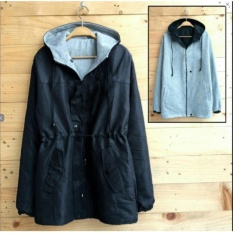 RCh Jaket Ziper Hoodie Parka Parasut Bolak Balik Fashion Wanita Hitam-Abu Muda