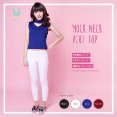 Ready Blouse Wanita Murah Surabaya Mock Neck V Cut Top Blue Silky