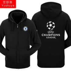 Nyata Madrid Nyata Madrid Tambah Beludru Liga Champions Baju Sepak Bola Pria atau Wanita Kaos Sweater Berkerudung Ritsleting Kardigan (chelsea Hitam)