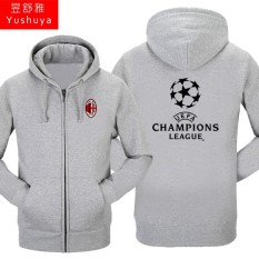 Nyata Madrid Nyata Madrid Tambah Beludru Liga Champions Baju Sepak Bola Pria atau Wanita Kaos Sweater Berkerudung Ritsleting Kardigan (milan Heather Gray)