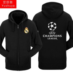 Nyata Madrid Nyata Madrid Tambah Beludru Liga Champions Baju Sepak Bola Pria atau Wanita Kaos Sweater Berkerudung Ritsleting Kardigan (nyata Madrid Nyata Madrid Hitam)