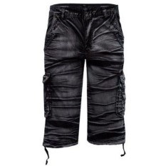 Retro Multi-pocket Pinggang Tengah Moire Celana Pendek Kargo untuk Pria (HITAM)-Intl