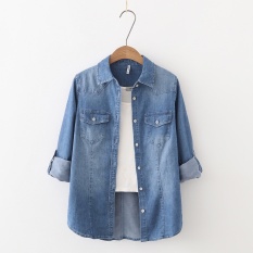 Retro stretch denim wanita lengan panjang kemeja (Gambar warna) baju wanita baju atasan kemeja wanita blouse wanita