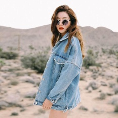Retro Wanita Pacar Besar Longgar Kasual Jaket Denim Jeans Mantel Lebih Tahan DR-Intl