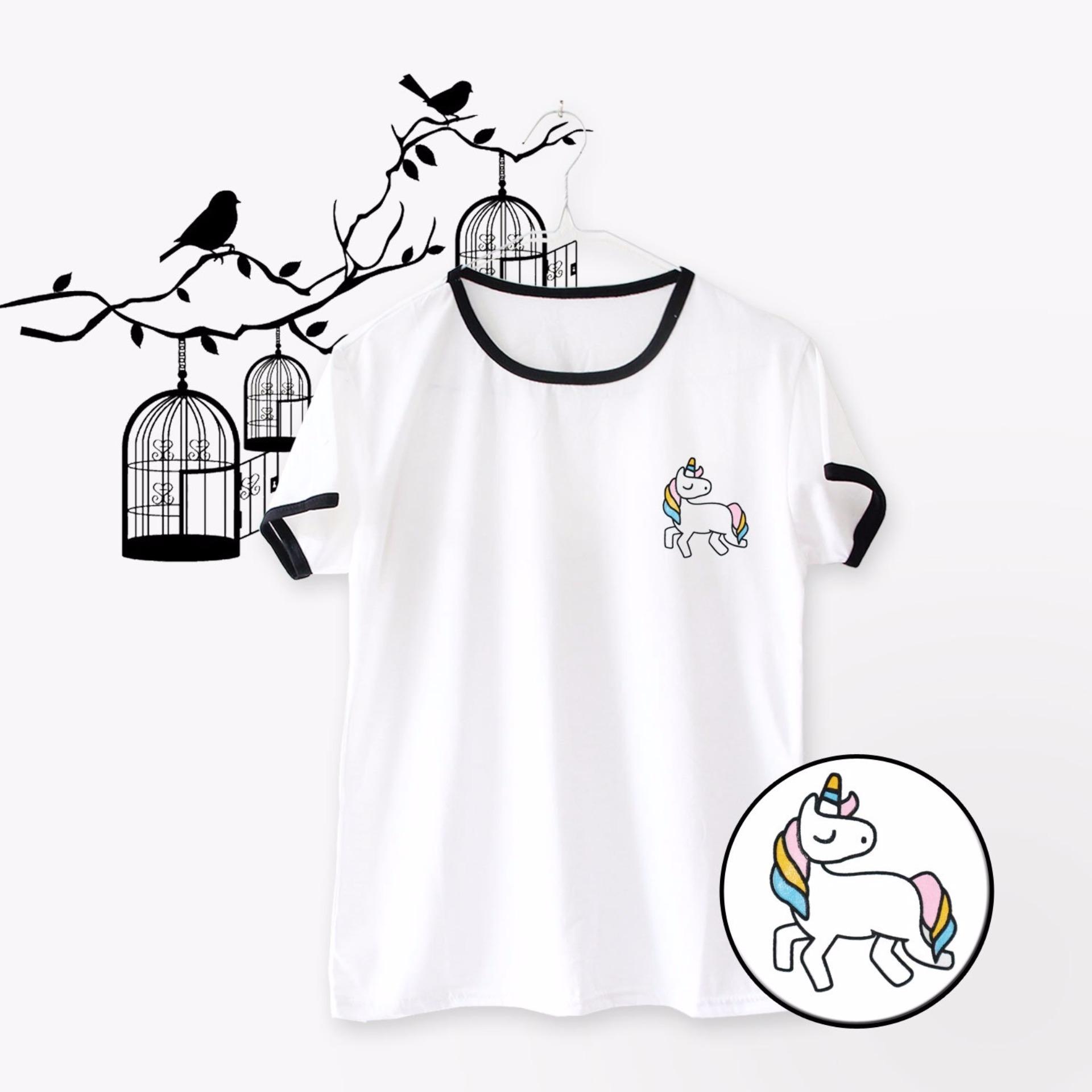 ELLIPSES.INC Ringer Tee / T-Shirt / Kaos Wanita Flying Unicorn - Putih
