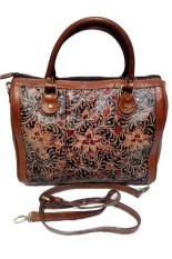 Rumania Craft Tas Kulit Asli - Furla Lukis Bunga - Cokelat Tua