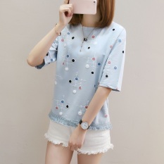 Kaos Wanita Fashion Lengan Pendek Motif Cetak Polkadot Sisi Berumbai Gaya Korea (830 (biru))