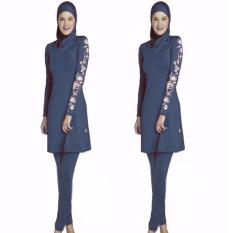 S-5XL Wanita Plus Ukuran Dicetak Floral Swimwear Muslim Fashion Muslimah Islam Swimsuit Berenang Surf Wear Sport Pakaian Blue-Intl