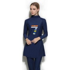 S-5XL Wanita Dicetak Floral Swimwear Muslim Fashion Muslimah Islam Swimsuit Swimming Gaun Cocktail Sport Pakaian Navy Blue