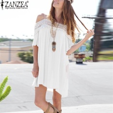 S-5XL ZANZEA BoHo Wanita Turun Bahu Bertali Lengan Pendek Baju Sifon Rajut Renda GAUN MINI Kasual Longgar Gaun Pesta Ukuran Besar Gaun Pantai (Putih)