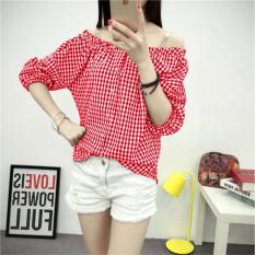 Sabrina kotak Lina merah RSQ Blouse Lengan pendek / Blouse Kotak Polos Cewek / Hem Kemeja Baju Wanita Fashion Bangkok / Blus Korean Style / Blouse Wanita Modern / blus wanita terbaru